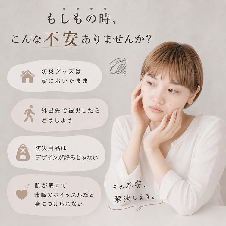 防災グッズは家に置いたまま、外出先での被災、肌が弱いと市販ホイッスルが使えないという不安に応える提案