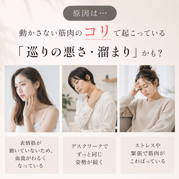 動かさない筋肉のコリによる巡りの悪さ・老廃物の溜まりが不調の原因