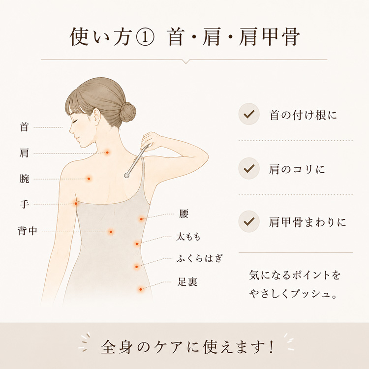 使い方1 首・肩・肩甲骨まわりのツボ押しケア