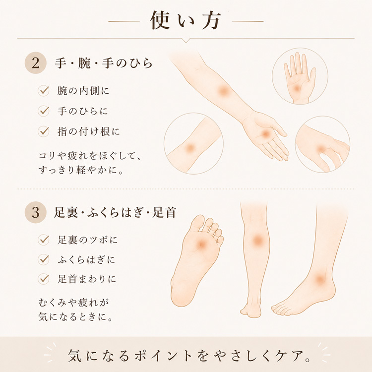 使い方2・3 手・腕・手のひら、足裏・ふくらはぎ・足首のツボ押しケア